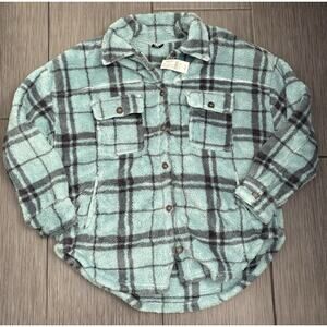 PacSun Womens Homecoming Button Down Sherpa Shirt Shacket Jacket M/L Green Plaid